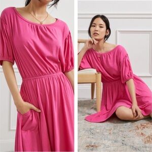Anthropologie Daily Practice Pink Puff Sleeve Elastic Waist Pleated Dress Active